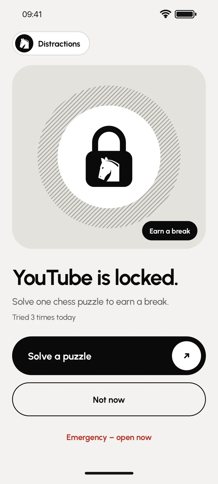 Block screen: YouTube is locked. Solve a puzzle, not now, or emergency open.
