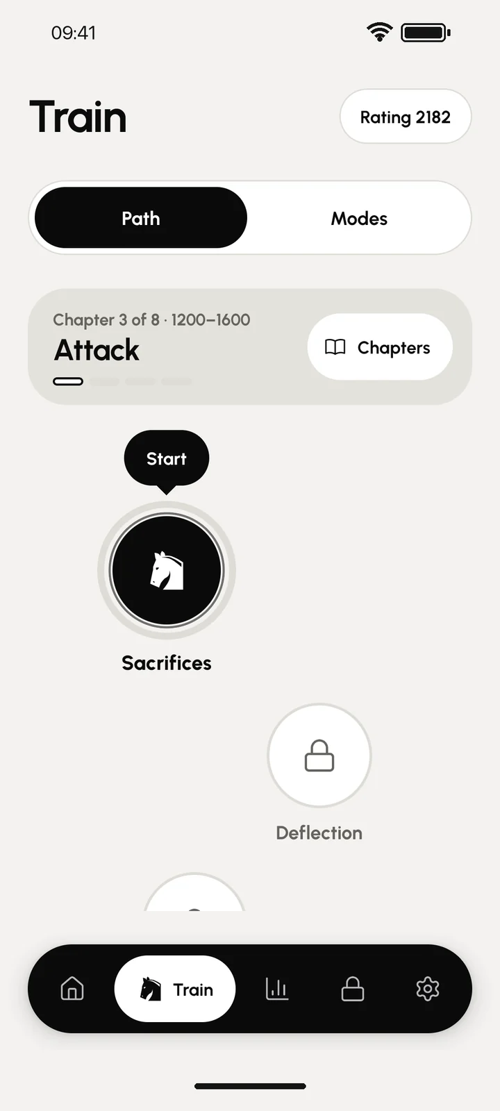 Train tab: chapter 3 of 8, Attack, with the Sacrifices lesson ready to start.